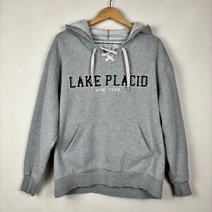 Artisans Lake Placid New York Lace-Up Hoodie Gray L Applique Pullover Varsity